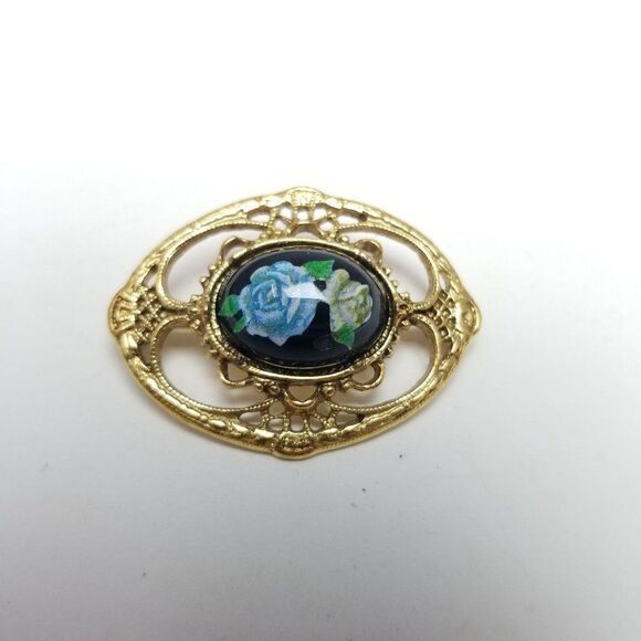 Vintage Gold Tone Filigree Brooch with Blue Rose Center, Cabochon, Retro Estate - Picture 6 of 6